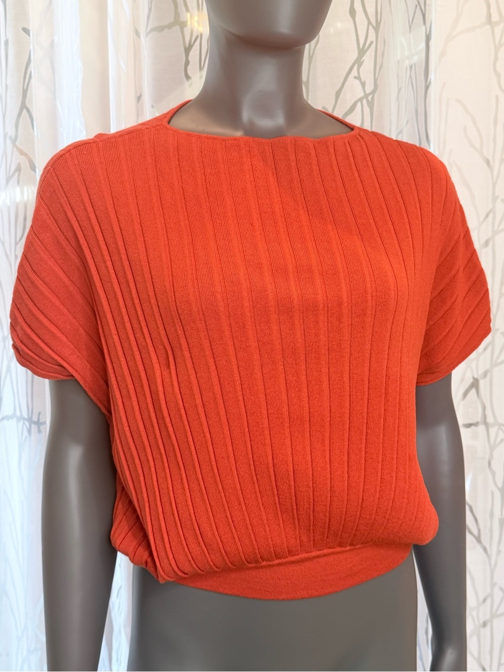 Weekend Max Mara Pleated Rib Knit Boatneck Short Sleeve Sweater Top Orange S